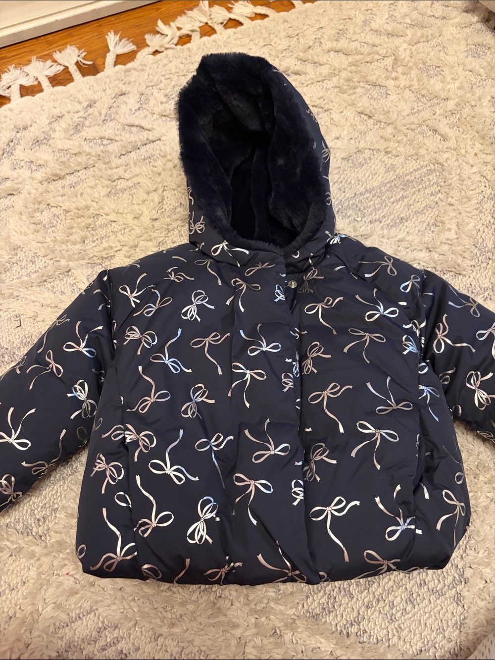 GAP Navy Bow-Print Hooded Puffer Coat